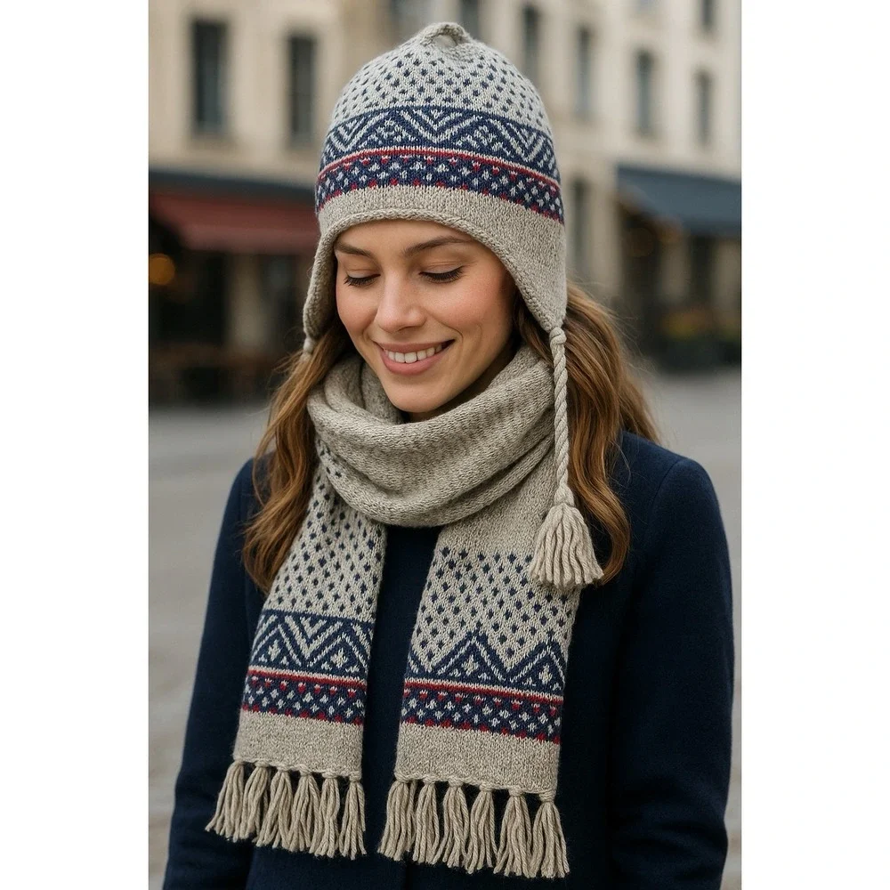 Nordic Knit Hat Scarf Set One Size Ramie Wool Lined Ear Flap Tassels Fringe
